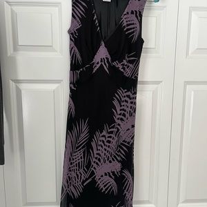 Size 6,silk, long, v-neck, fully lined,sleeveless black and purple print dress